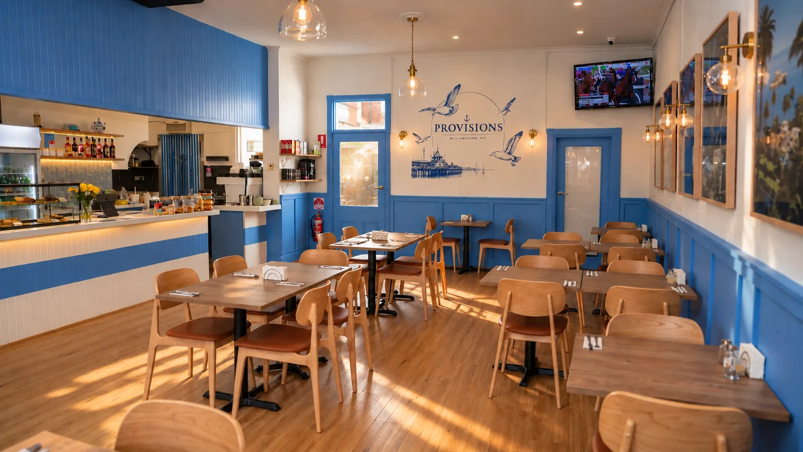 The dining room — blue walls and warm timber floors